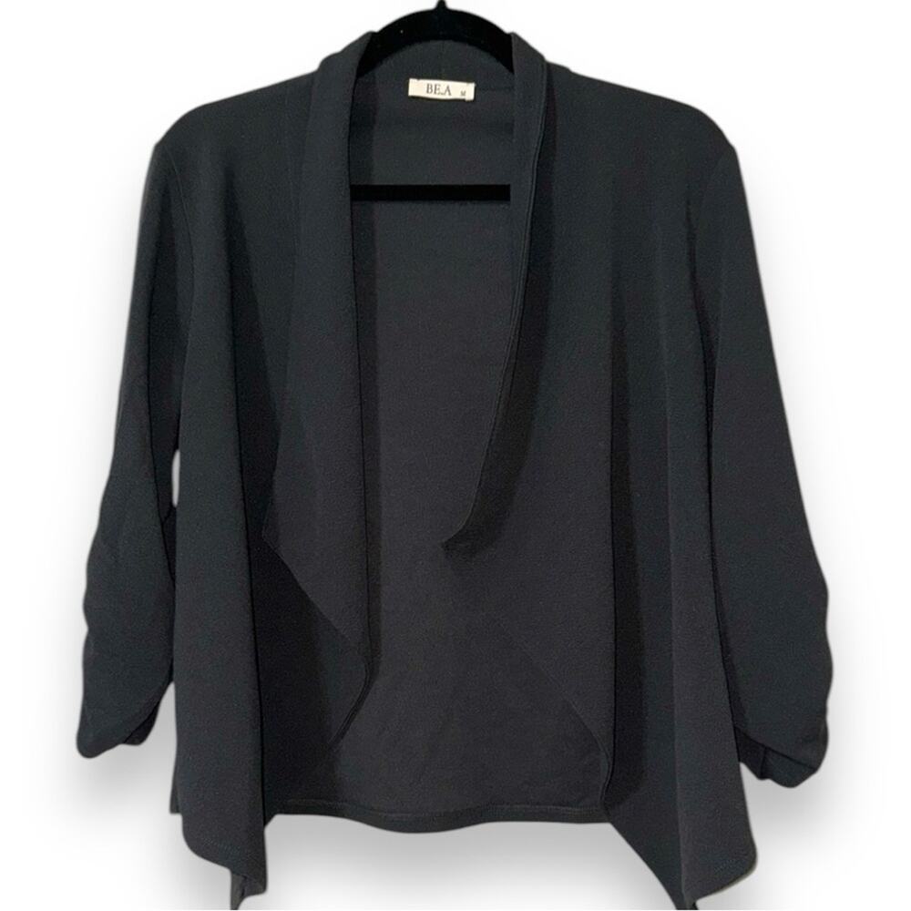 BE.A medium charcoal solid casual draped lightweight blazer top 3/4 ruched sleev